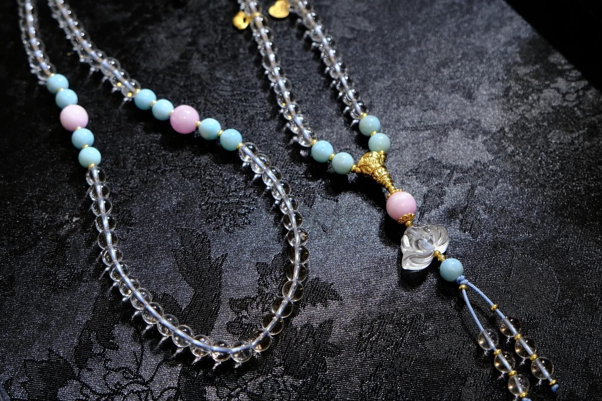 6mm Amethyst Mala with Kunzite & Larimar · 108-Bead Mala