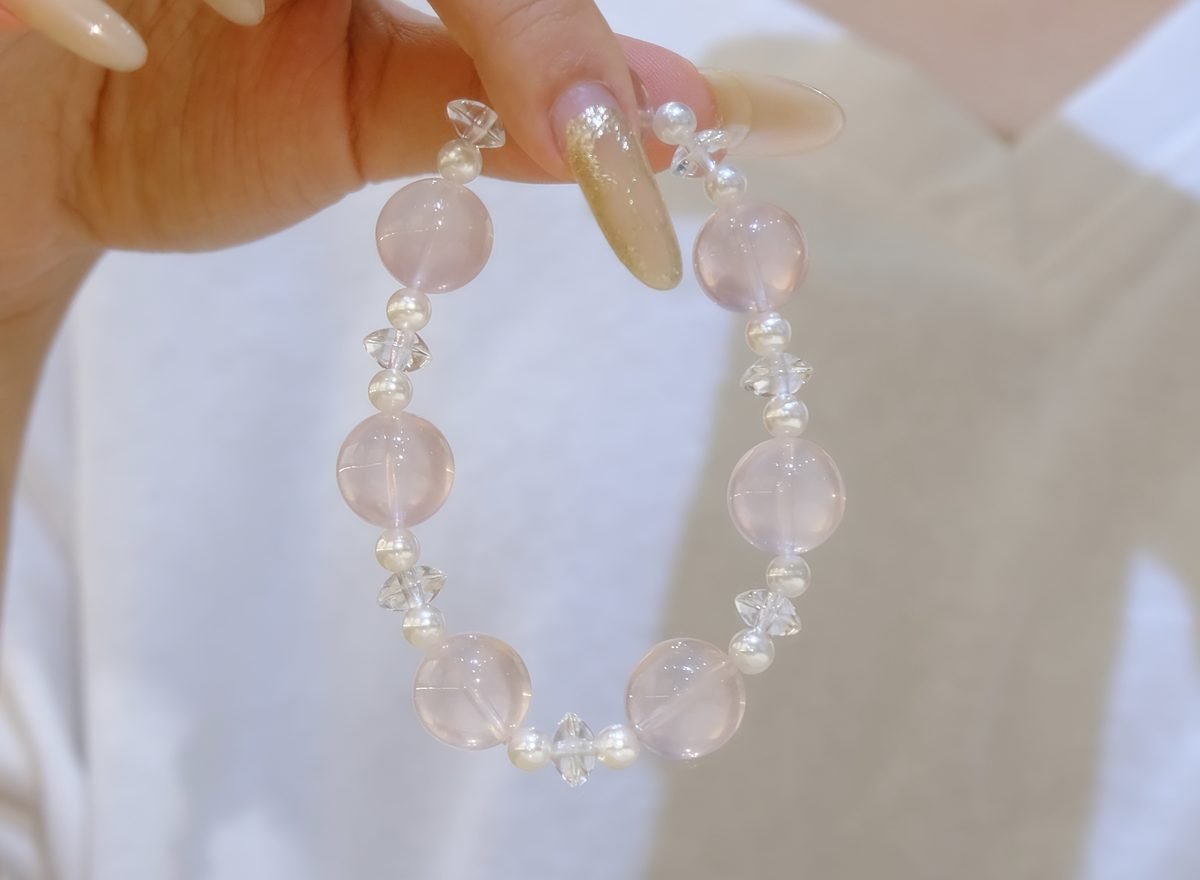 13mm Rose Quartz Bracelet with Clear Quartz — Ref. 00043