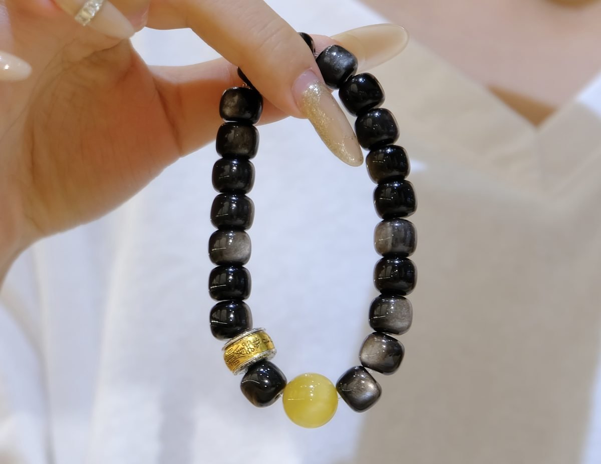 12mm Black Obsidian Bracelet with Amber