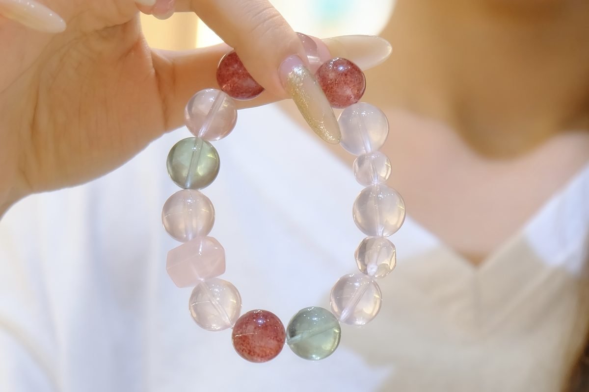 13mm 7 Chakra Balancing Bracelet with Rose Quartz & Strawberry Quartz