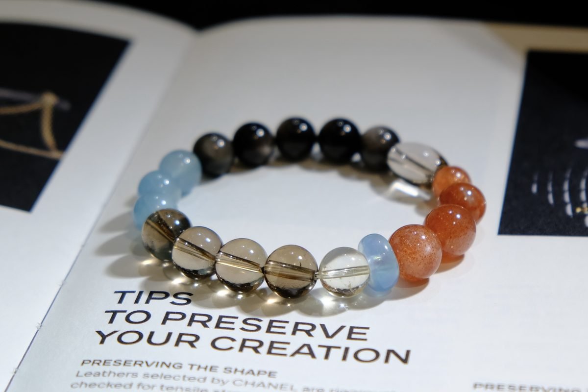 9mm Black Obsidian Bracelet with Smoky Quartz & Aquamarine