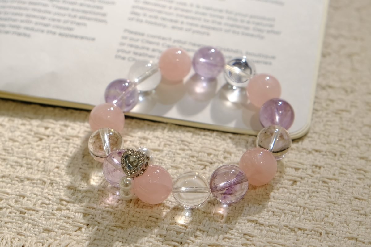 13mm Rose Quartz Bracelet with Amethyst & Clear Quartz — Ref. 00119