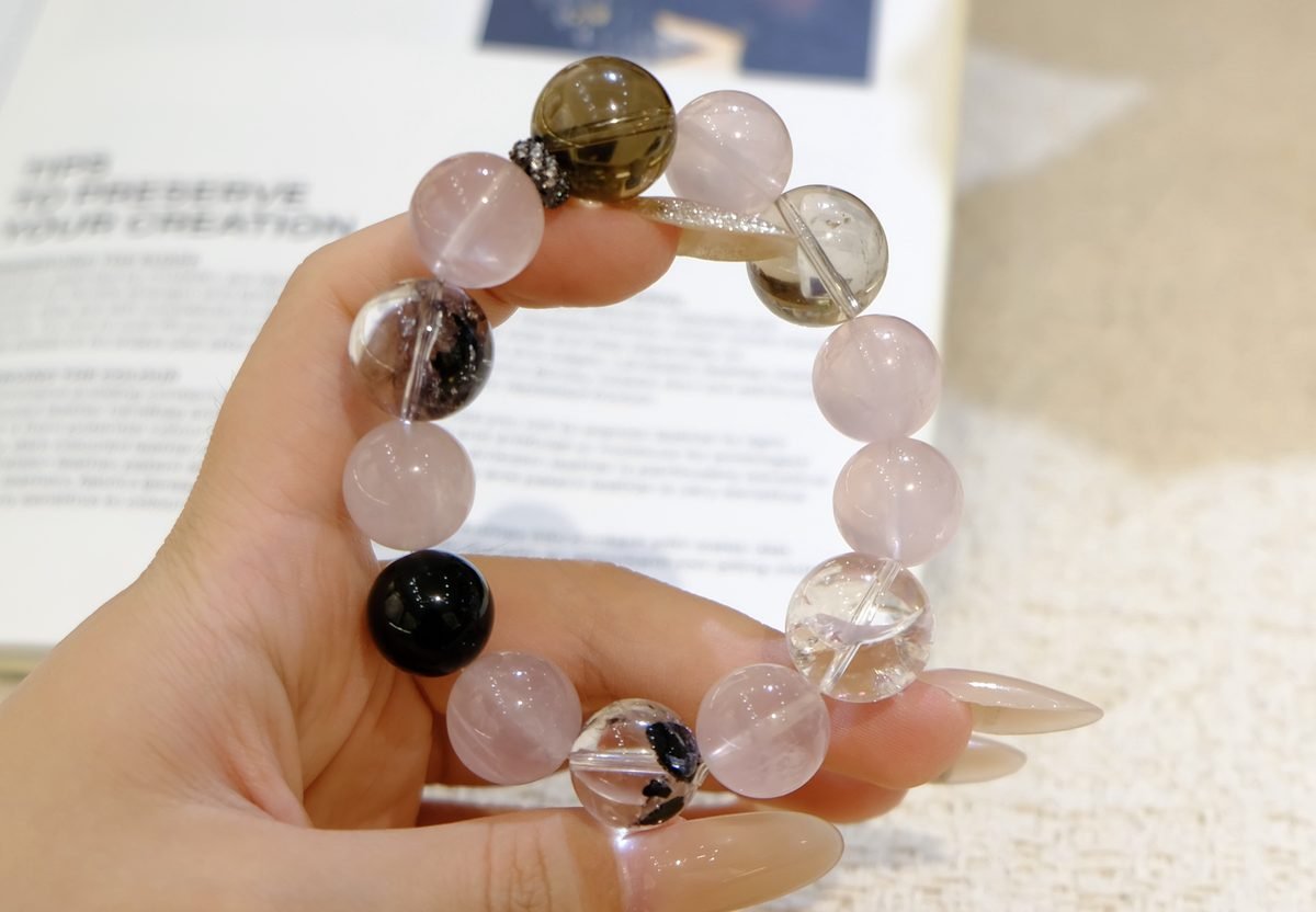 16mm Rose Quartz Bracelet with Black Obsidian & Smoky Quartz