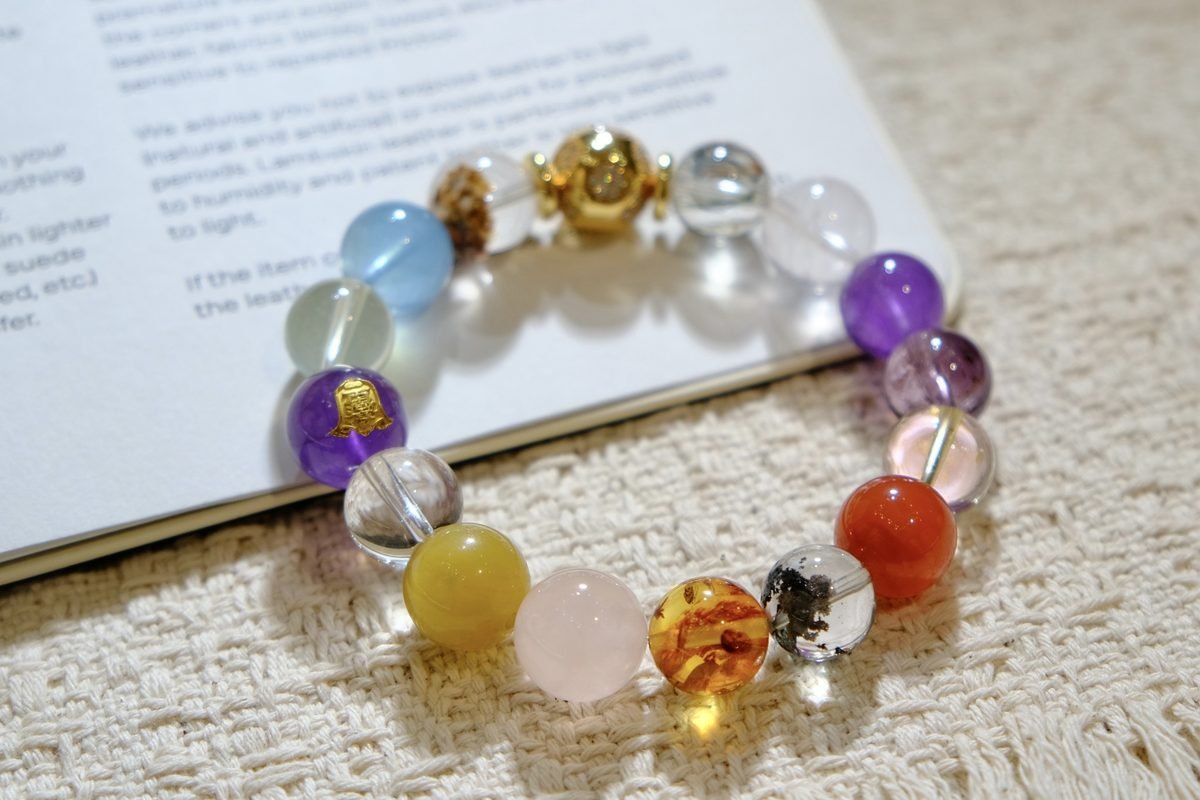 12mm 7 Chakra Balancing Bracelet with Rose Quartz & Amethyst - Image 2