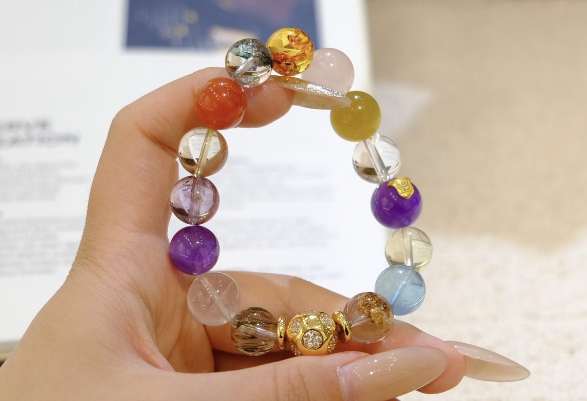 12mm 7 Chakra Balancing Bracelet with Rose Quartz & Amethyst - Image 3