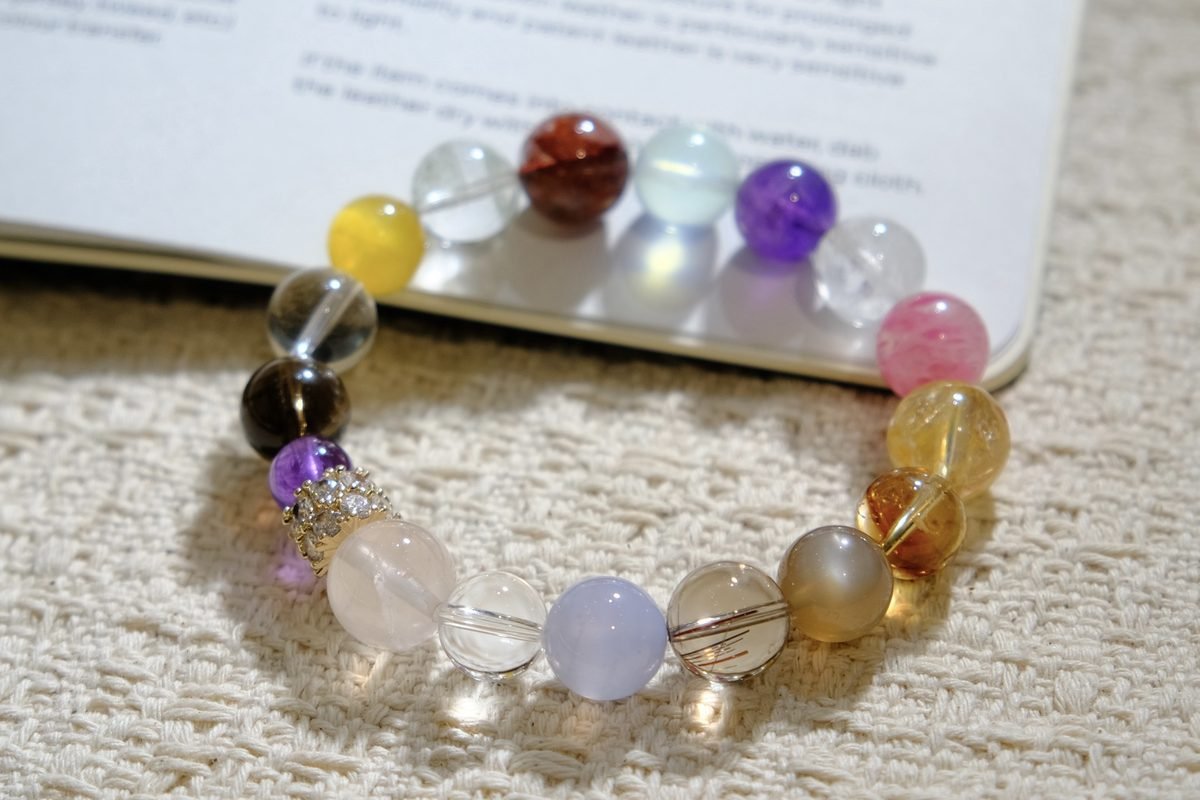 12mm 7 Chakra Balancing Bracelet with Amethyst & Aquamarine