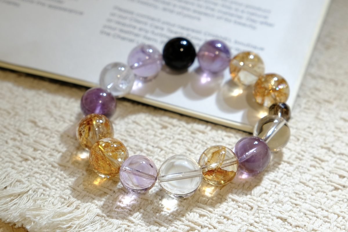 14mm Amethyst Bracelet with Black Obsidian & Clear Quartz