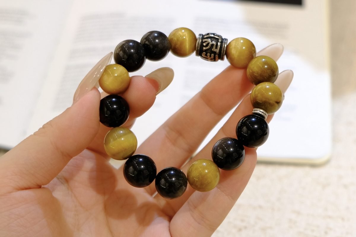 12mm Black Obsidian Bracelet with Tiger Eye — Ref. 00159