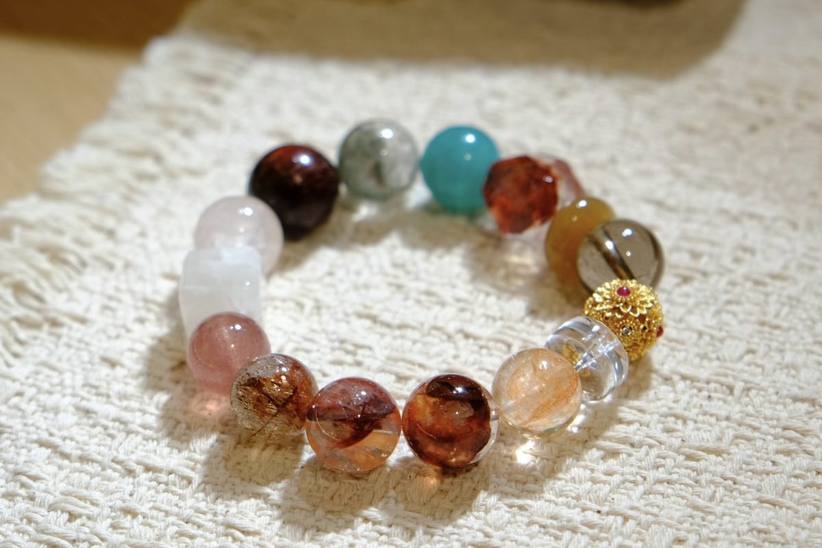 15mm 7 Chakra Balancing Bracelet with Green Phantom Quartz & Amazonite