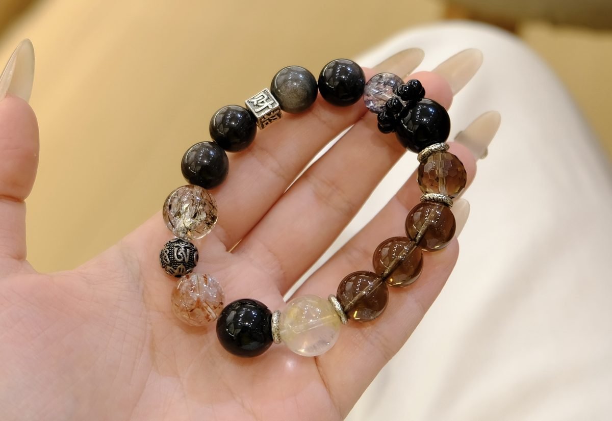 14mm 7 Chakra Balancing Bracelet with Black Obsidian & Smoky Quartz