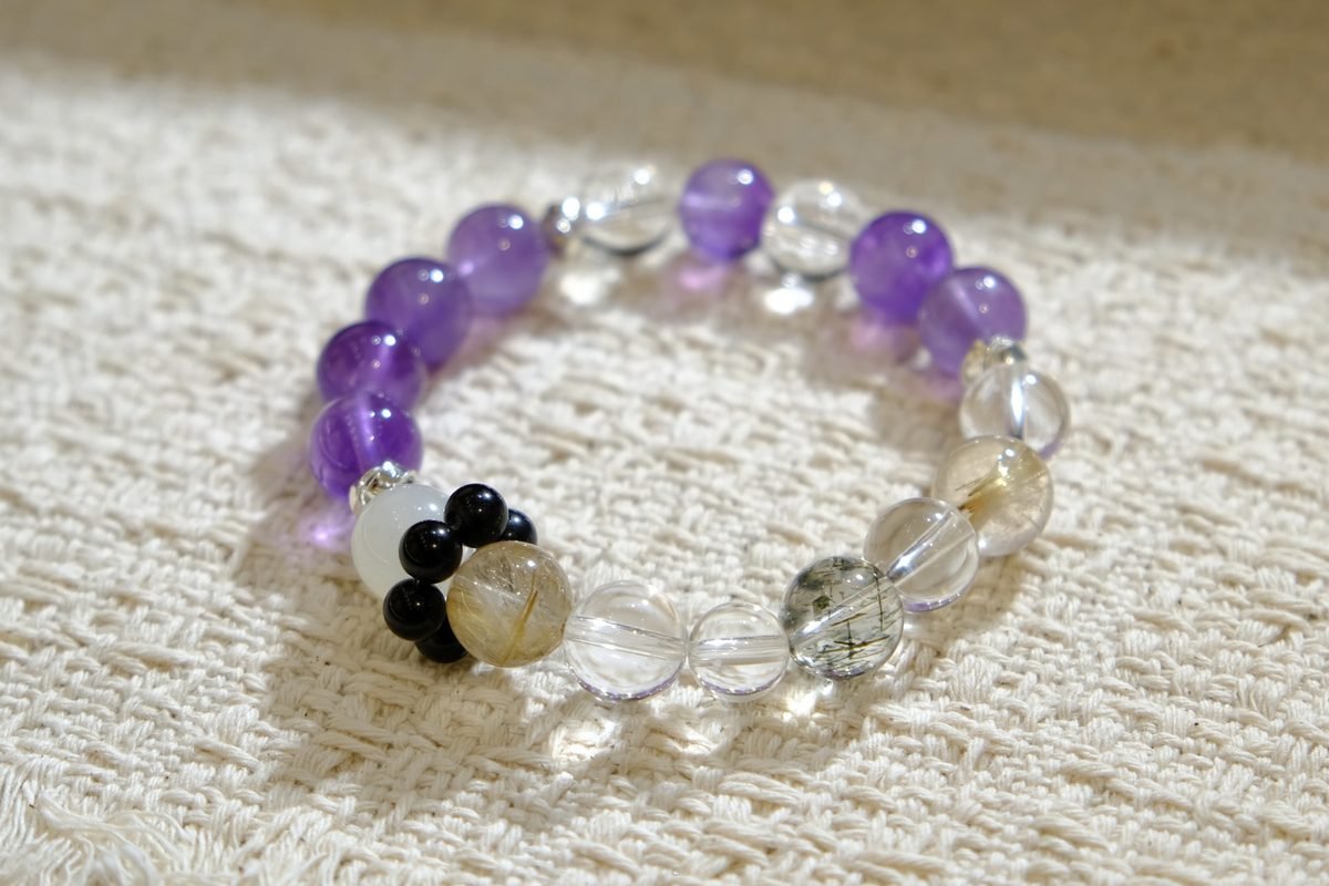 10mm Amethyst Bracelet with Clear Quartz & Green Phantom Quartz