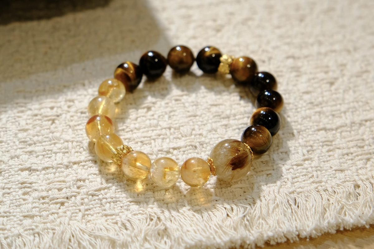 10mm Citrine Bracelet with Rutilated Quartz & Tiger Eye — Ref. 00228