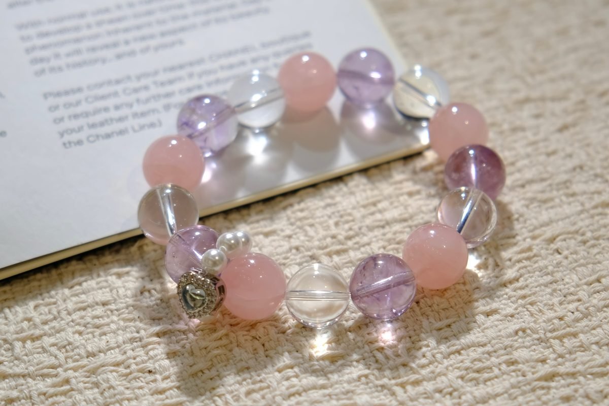 13mm Rose Quartz Bracelet with Amethyst & Clear Quartz — Ref. 00238
