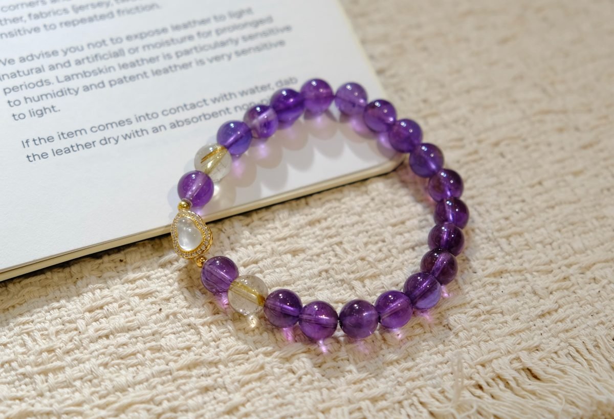 7mm Amethyst Bracelet with Rutilated Quartz