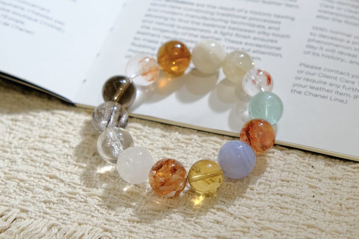 14mm 7 Chakra Balancing Bracelet with Smoky Quartz & Fluorite