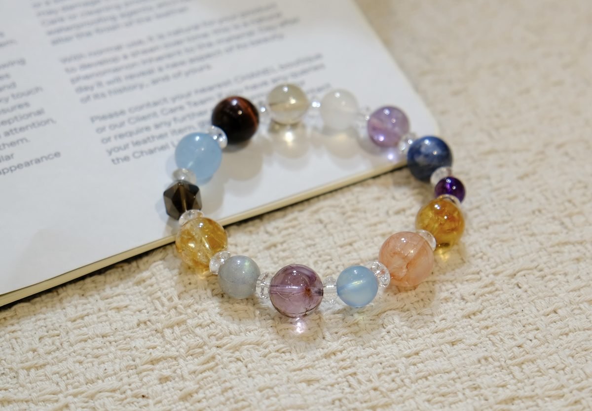 12mm 7 Chakra Balancing Bracelet with Clear Quartz