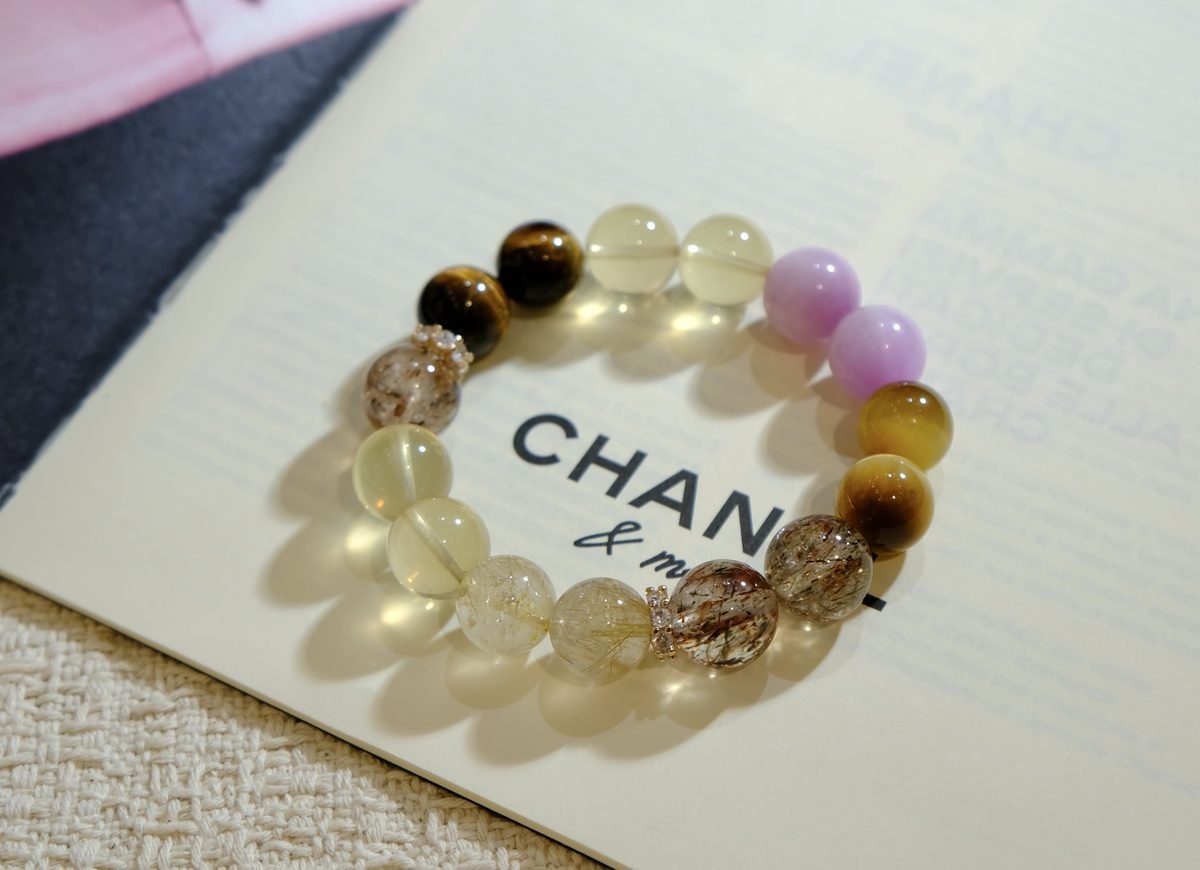 12mm Amethyst Bracelet with Citrine & Rutilated Quartz