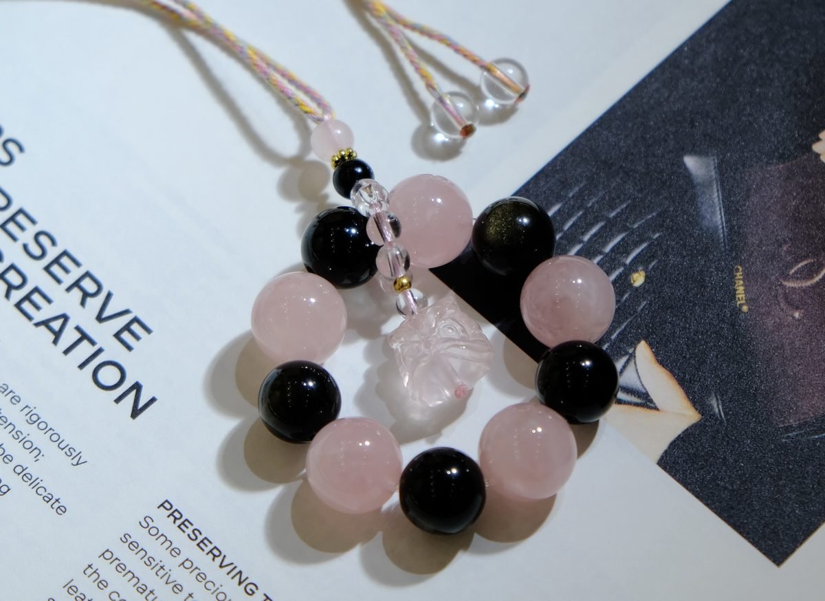 23mm Rose Quartz Bracelet with Black Obsidian & Obsidian - Image 6