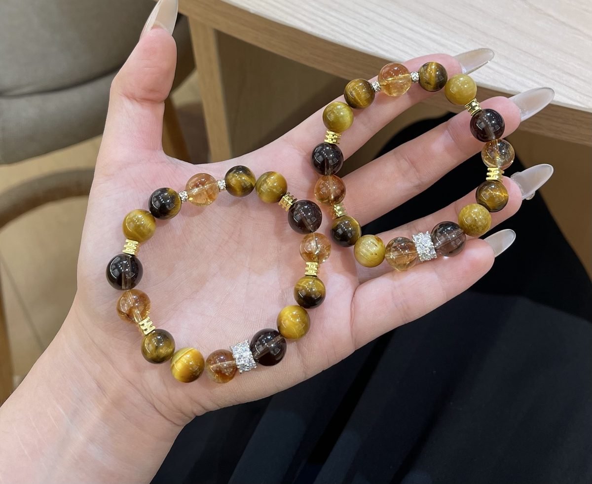 10mm Citrine Bracelet with Smoky Quartz & Tiger Eye - Image 2