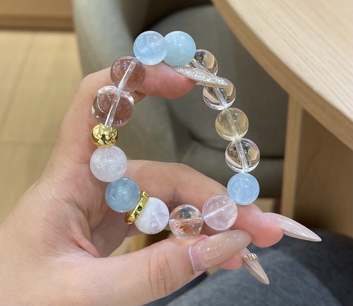 12mm 7 Chakra Balancing Bracelet with Rose Quartz & Clear Quartz - Image 2