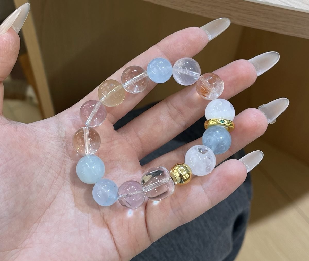 12mm 7 Chakra Balancing Bracelet with Rose Quartz & Clear Quartz - Image 4