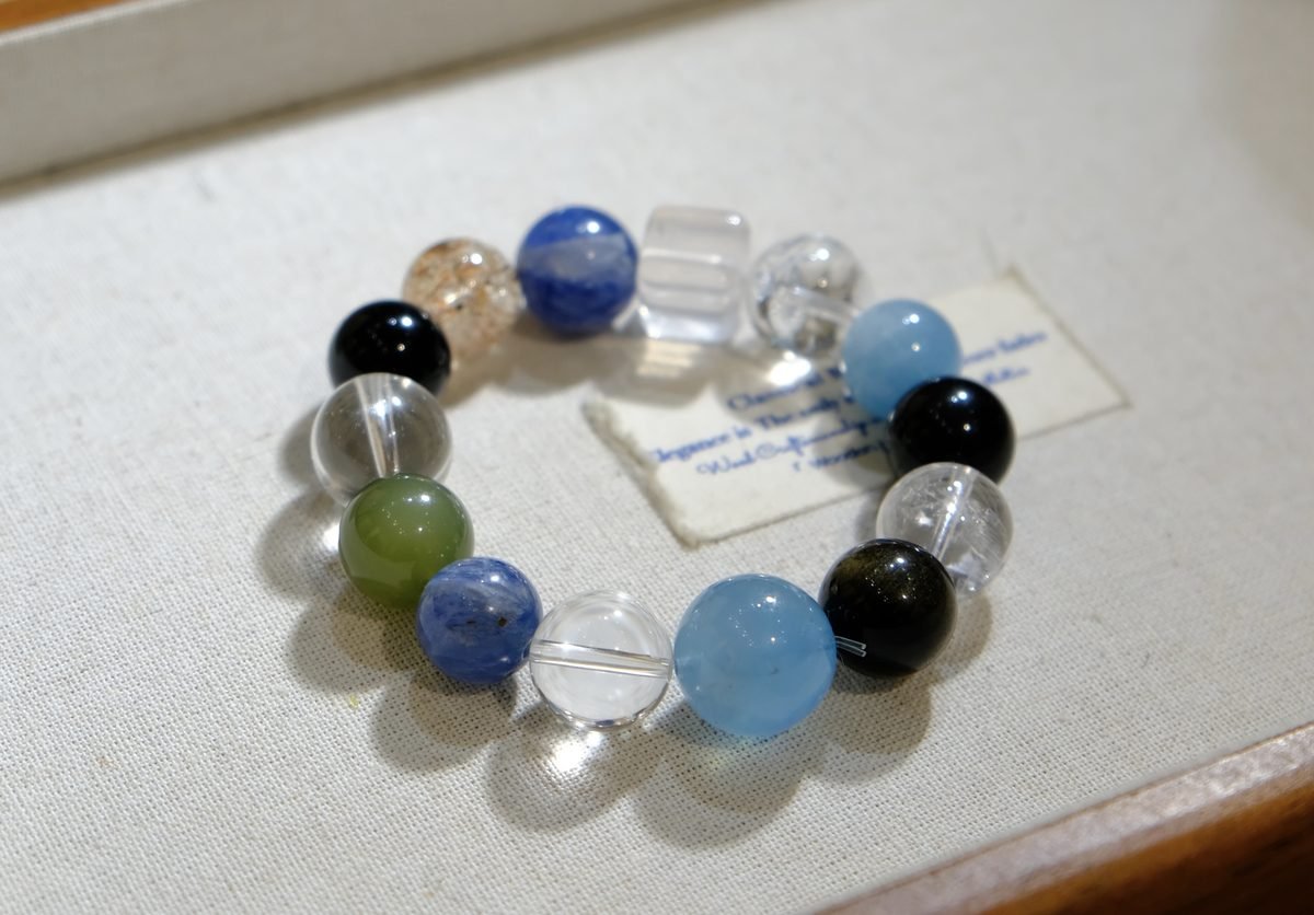 16mm 7 Chakra Balancing Bracelet with Clear Quartz & Aquamarine