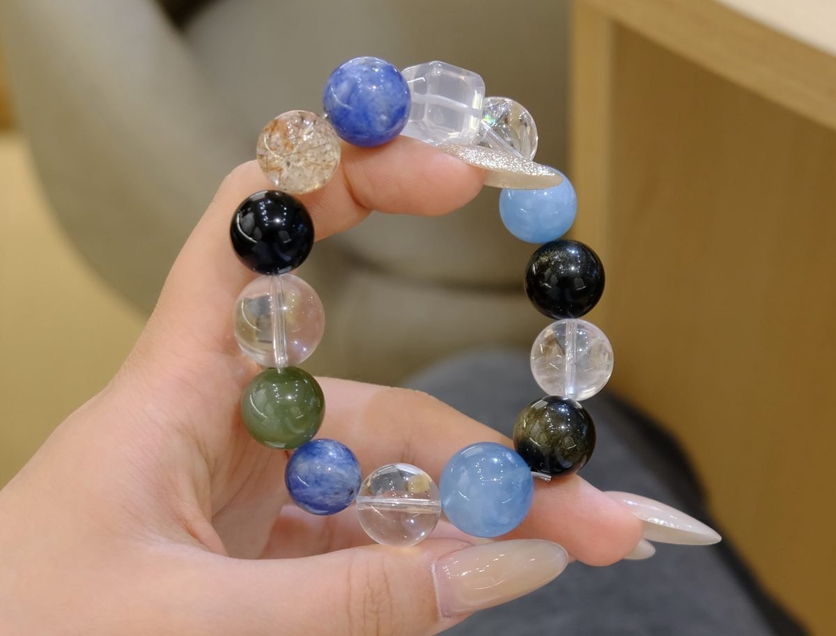 16mm 7 Chakra Balancing Bracelet with Clear Quartz & Aquamarine - Image 2