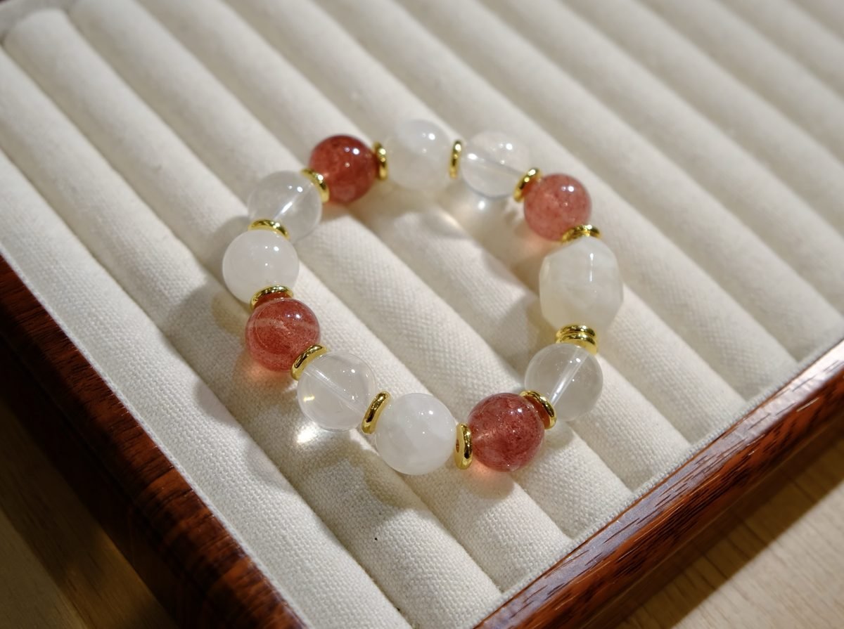 13mm Rose Quartz Bracelet with Clear Quartz & Strawberry Quartz