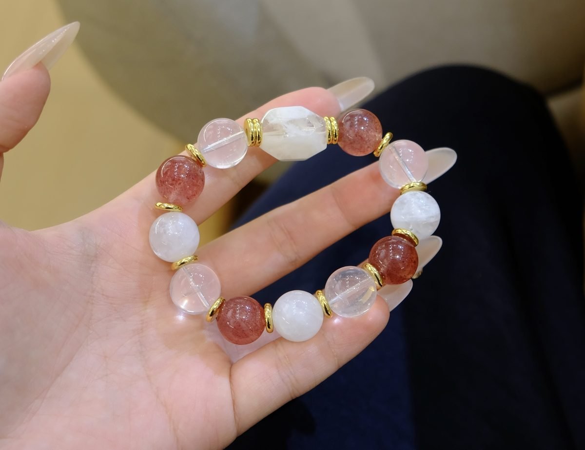 13mm Rose Quartz Bracelet with Clear Quartz & Strawberry Quartz - Image 2