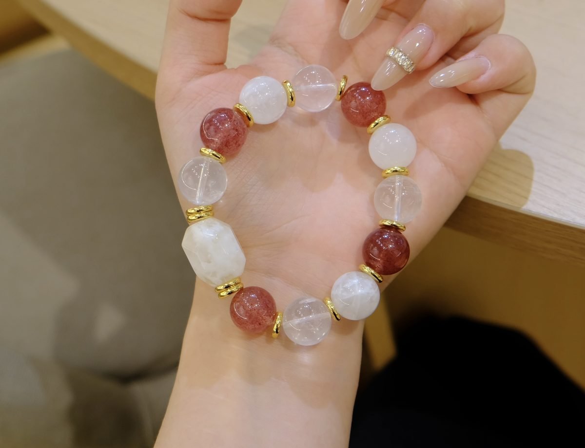 13mm Rose Quartz Bracelet with Clear Quartz & Strawberry Quartz - Image 3