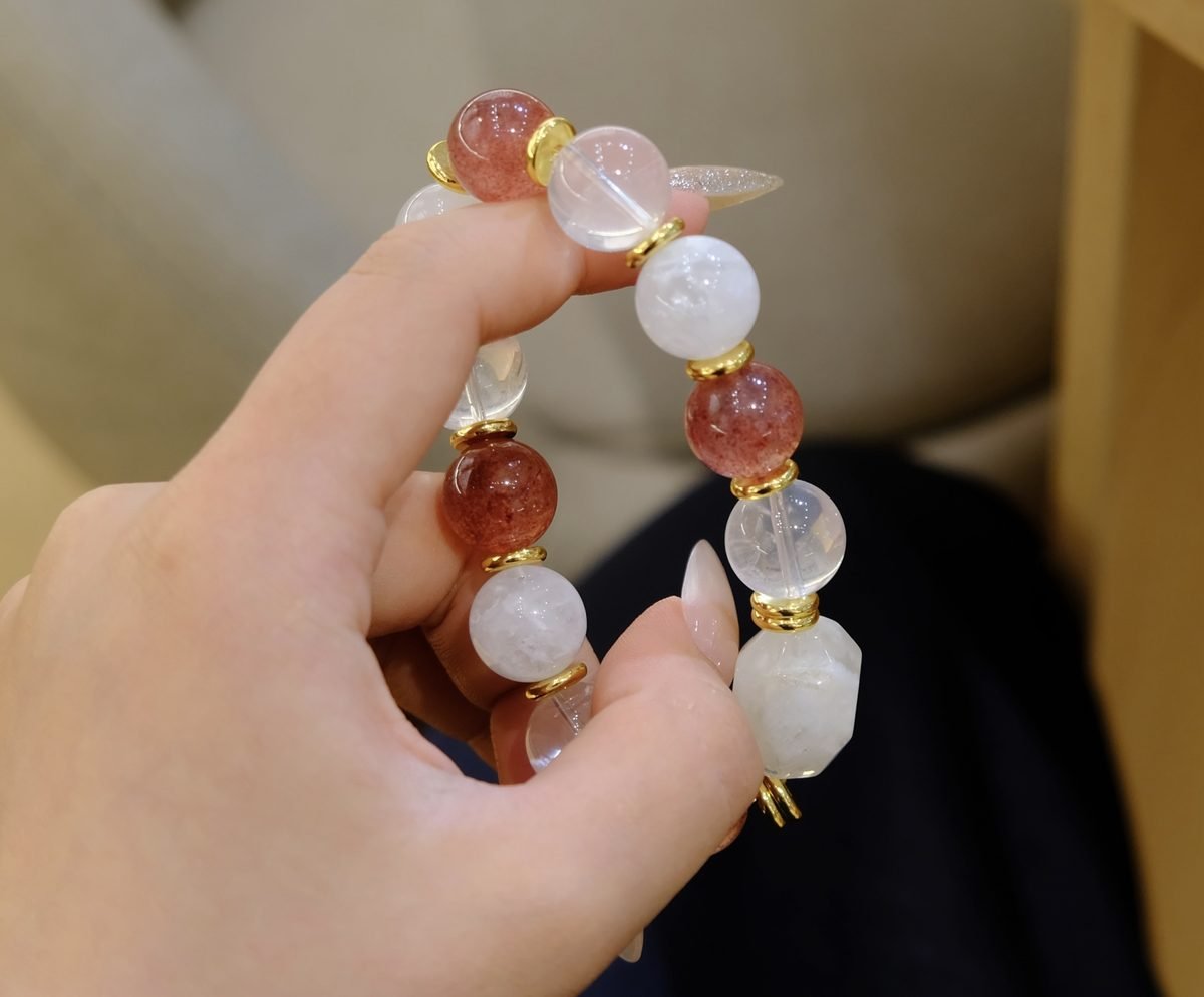 13mm Rose Quartz Bracelet with Clear Quartz & Strawberry Quartz - Image 4