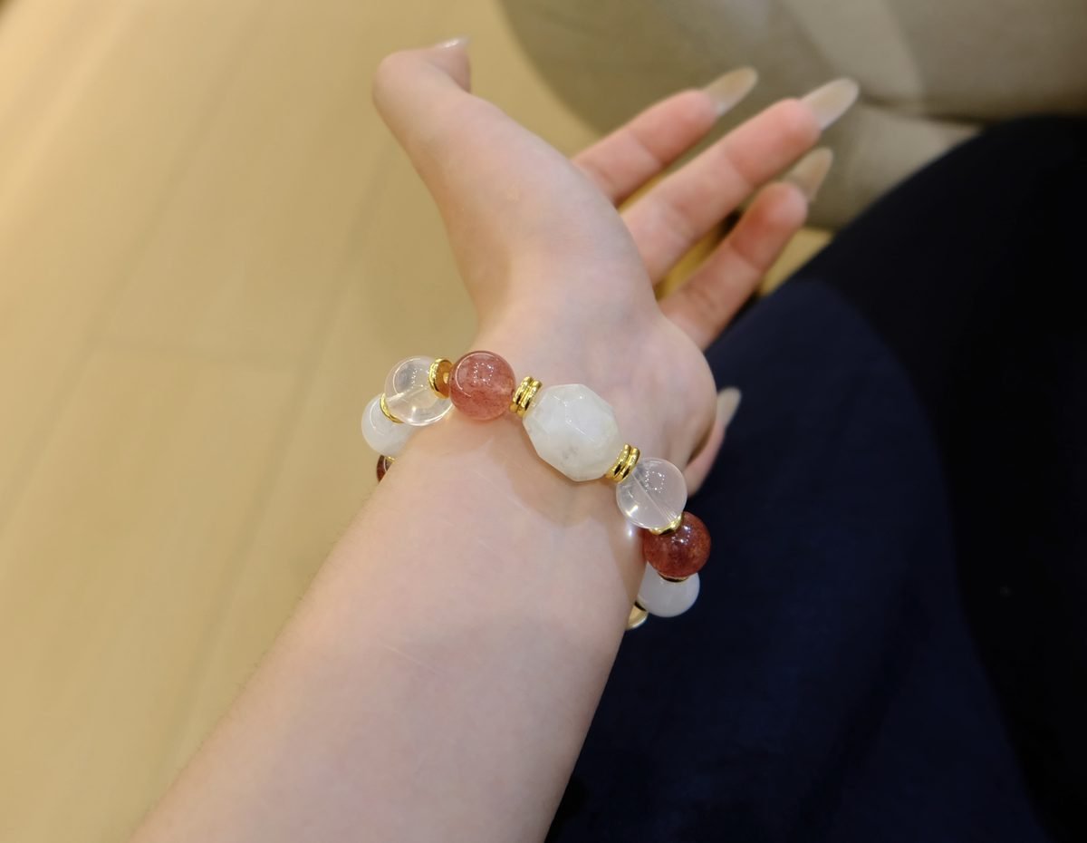 13mm Rose Quartz Bracelet with Clear Quartz & Strawberry Quartz - Image 5