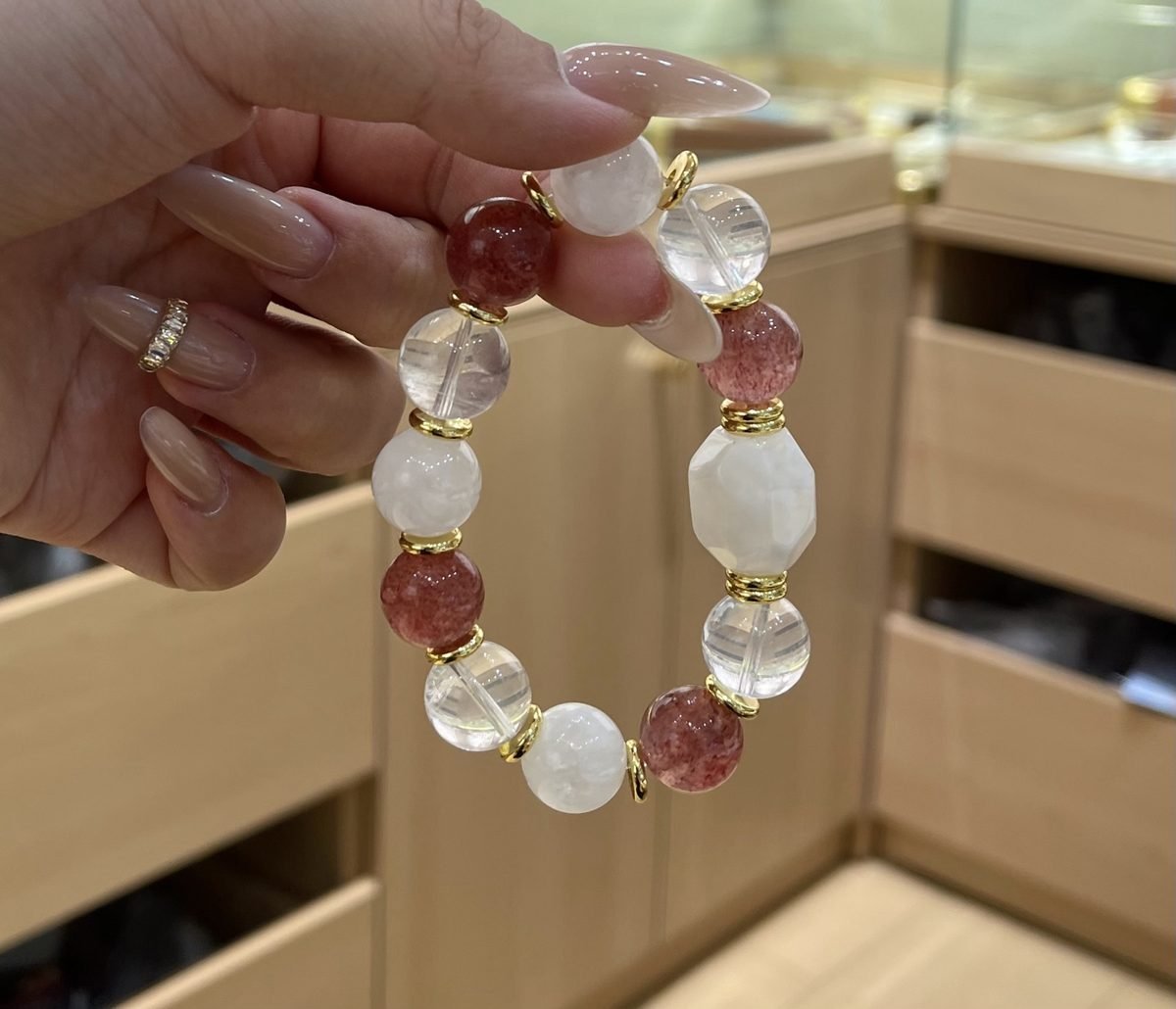 13mm Rose Quartz Bracelet with Clear Quartz & Strawberry Quartz - Image 6