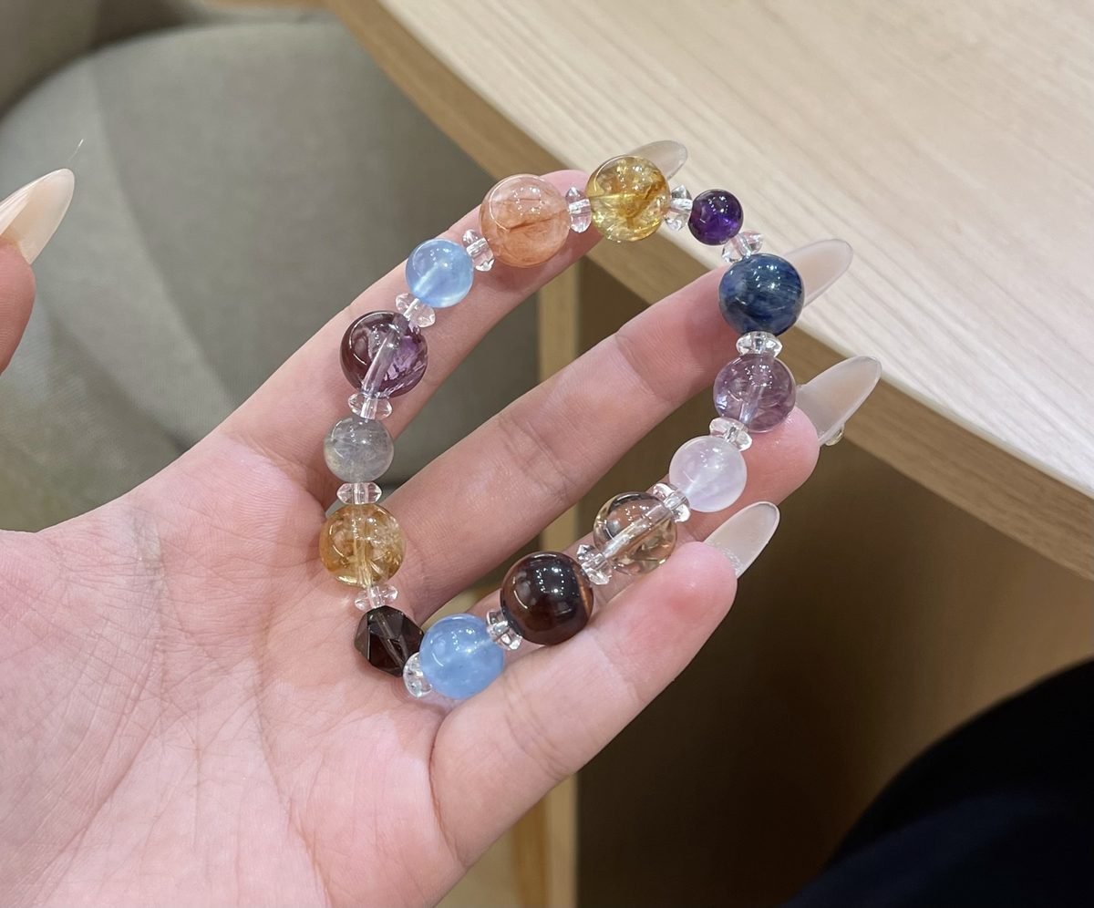 12mm 7 Chakra Balancing Bracelet with Rainbow Moonstone & Amethyst
