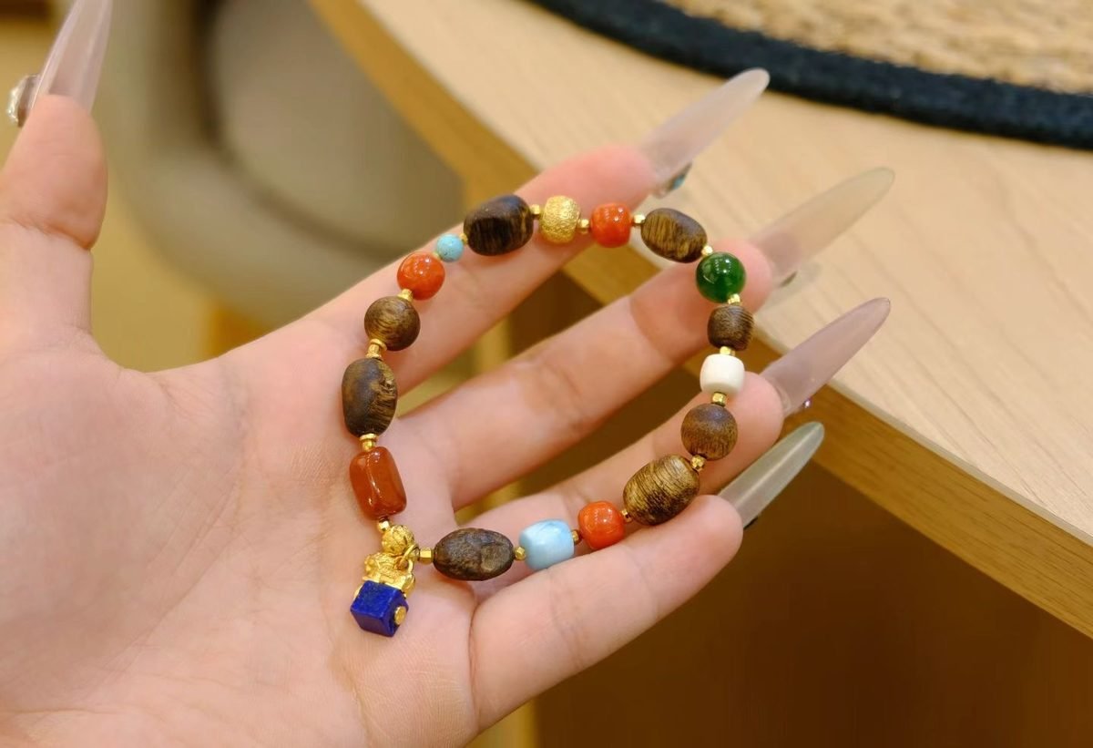 7 Chakra Balancing Bracelet with Agarwood & Larimar - Image 2
