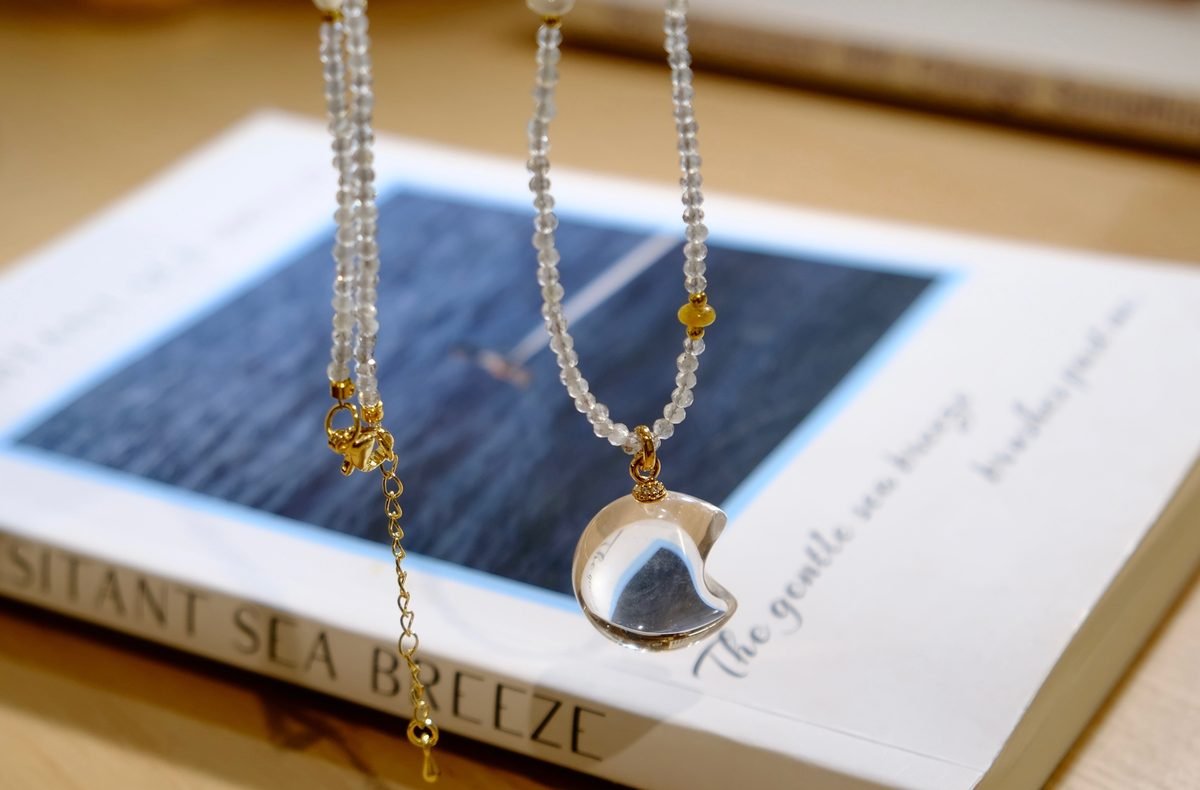 Glass-Clear Rainbow Moonstone Necklace with Clear Quartz