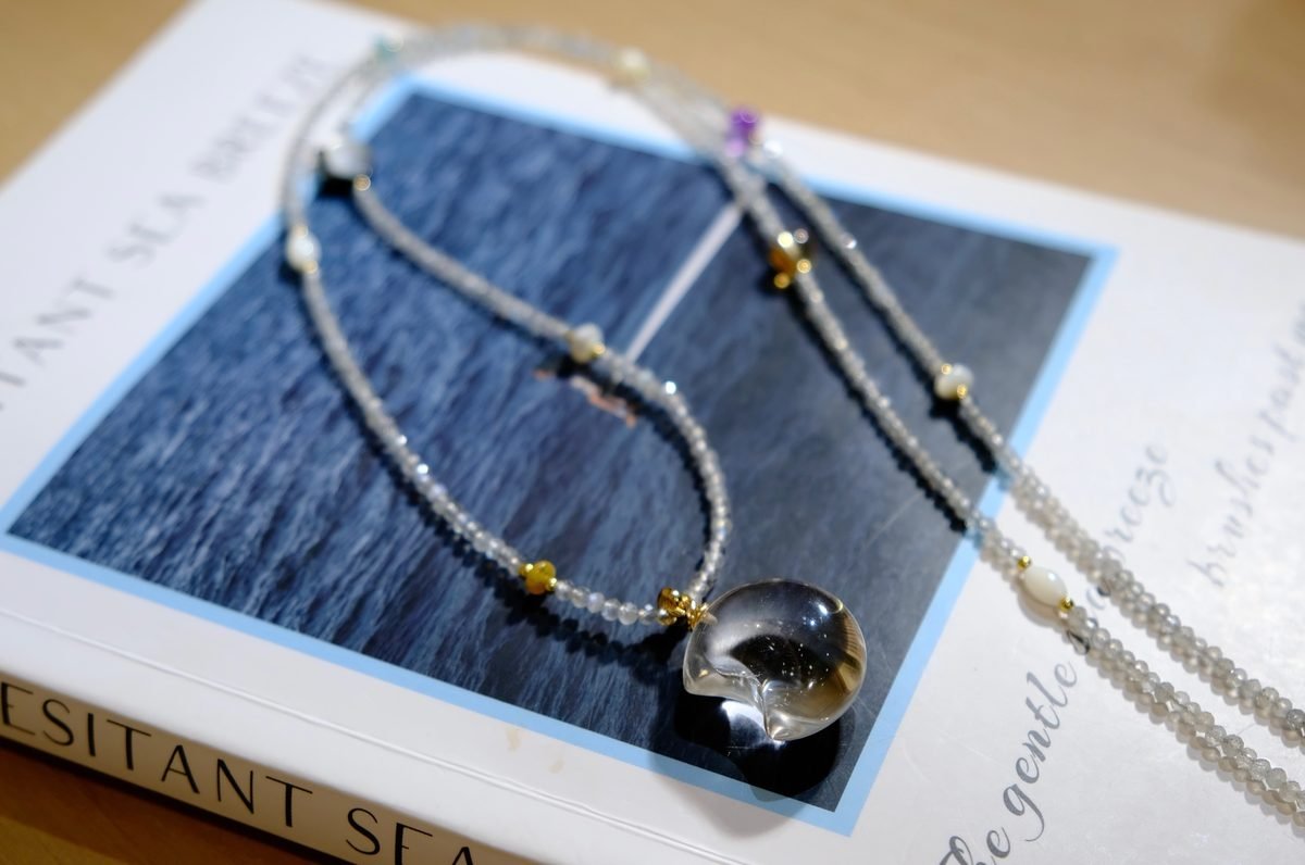Glass-Clear Rainbow Moonstone Necklace with Clear Quartz - Image 2