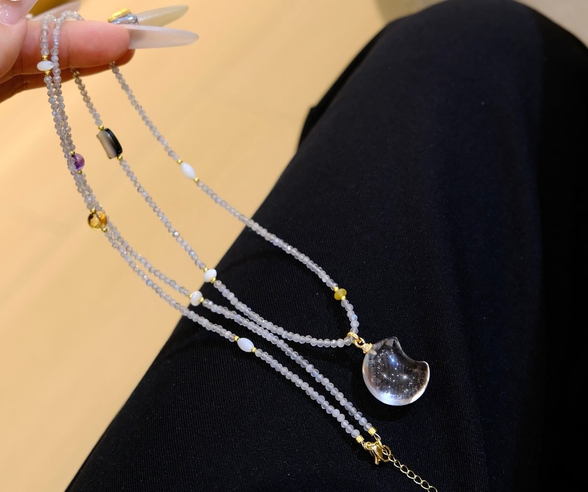Glass-Clear Rainbow Moonstone Necklace with Clear Quartz - Image 3