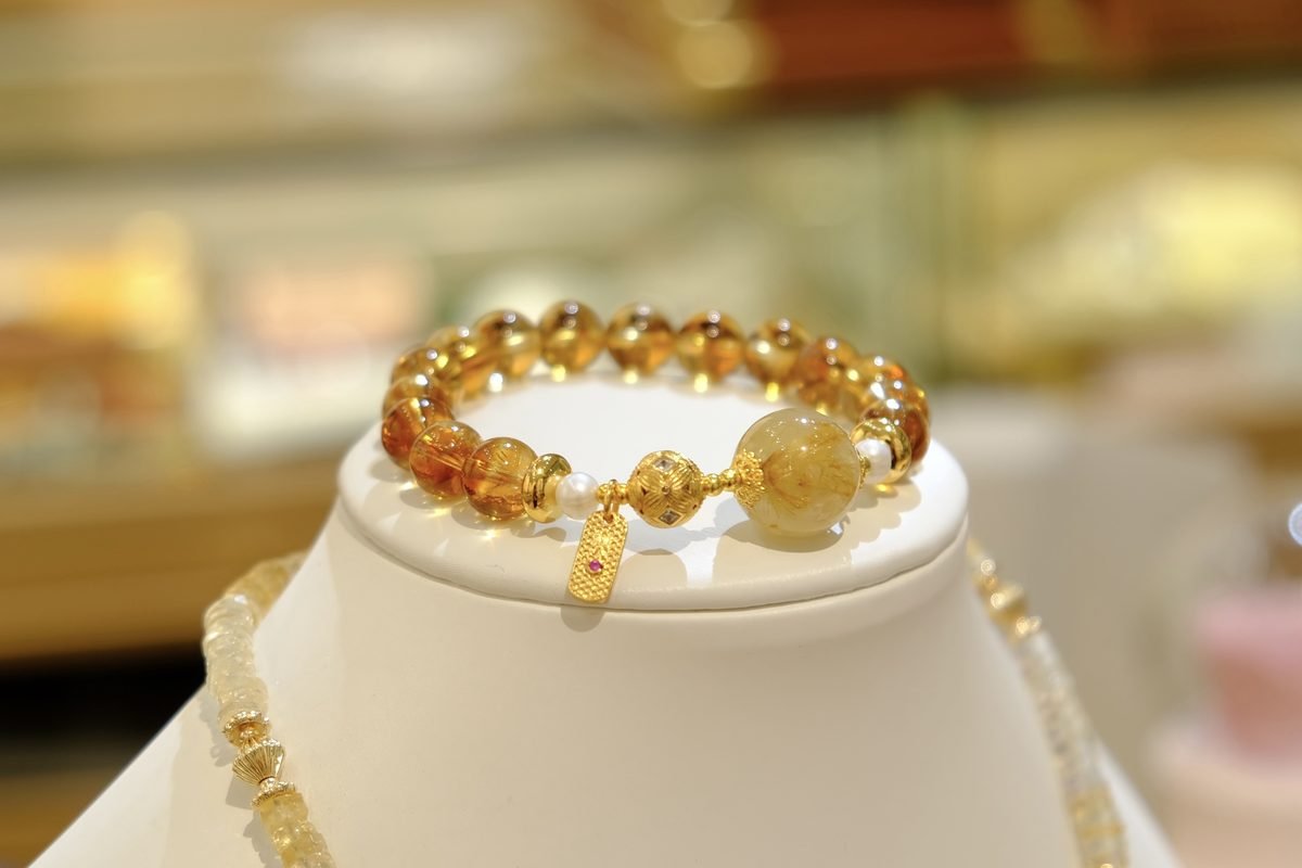 9mm Citrine Bracelet with Rutilated Quartz & Amber