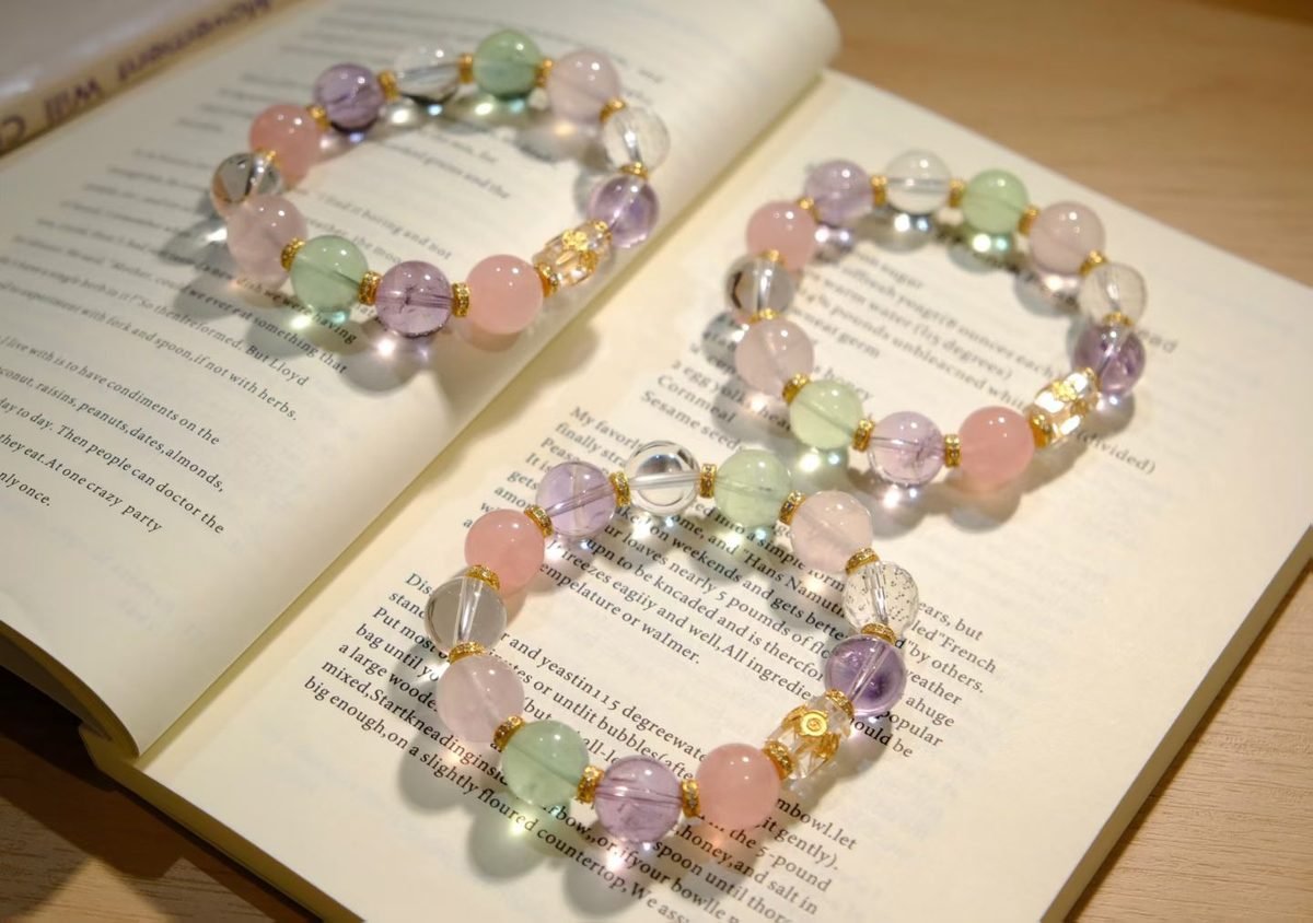 14mm 7 Chakra Balancing Bracelet with Rose Quartz & Amethyst — Ref. 00562
