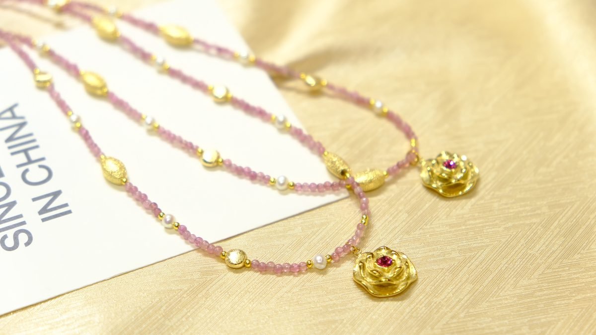 Rose Quartz Necklace with Tourmaline & Freshwater Pearl