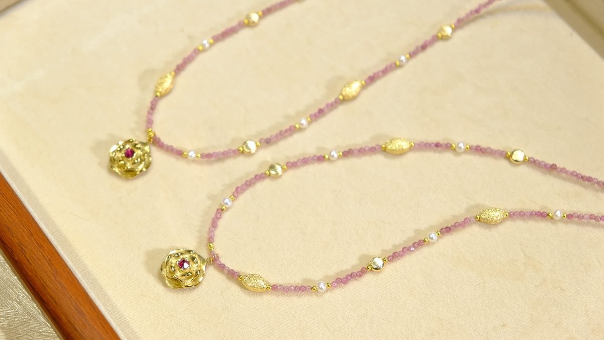 Rose Quartz Necklace with Tourmaline & Freshwater Pearl - Image 2