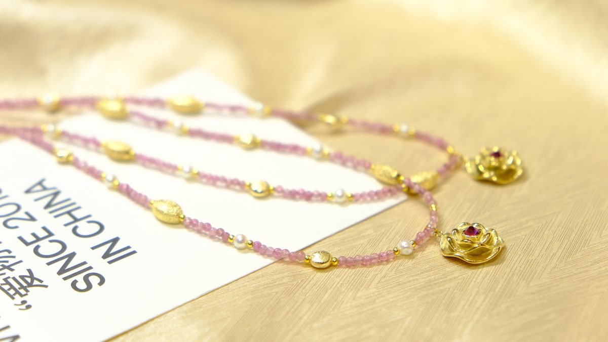 Rose Quartz Necklace with Tourmaline & Freshwater Pearl - Image 3