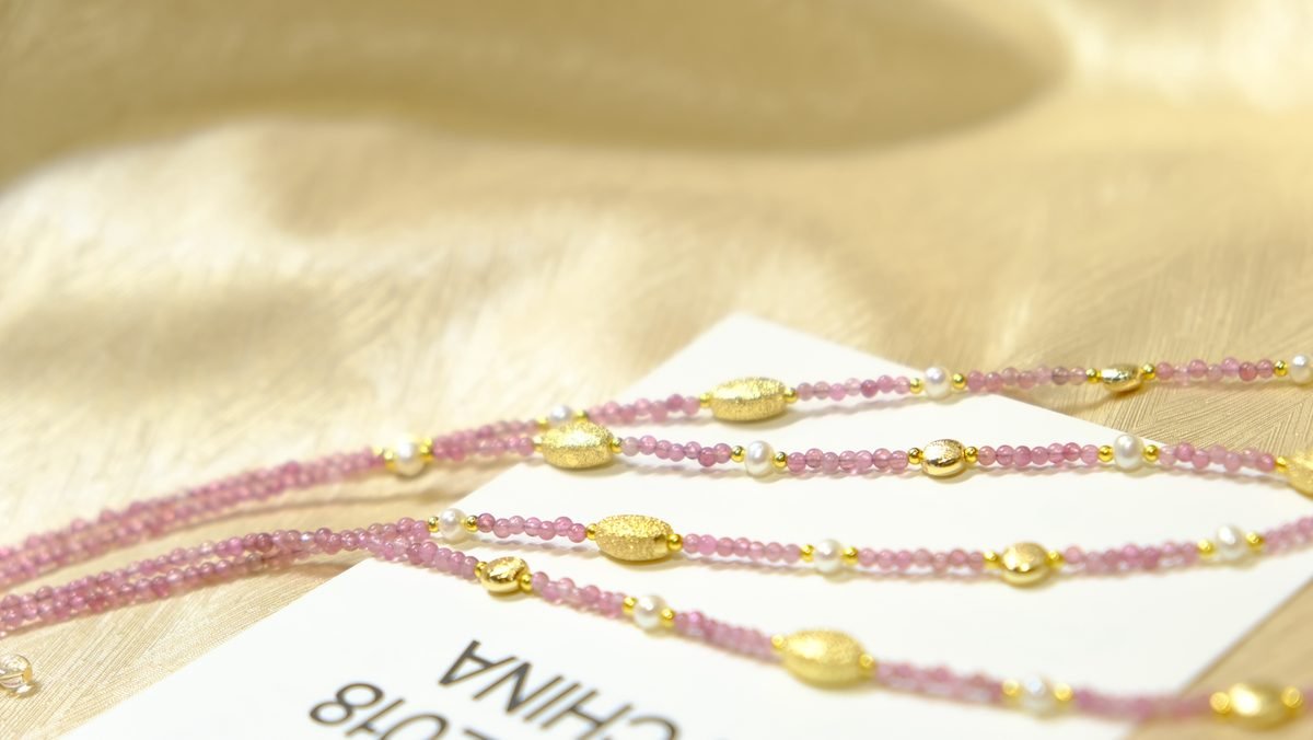 Rose Quartz Necklace with Tourmaline & Freshwater Pearl - Image 4