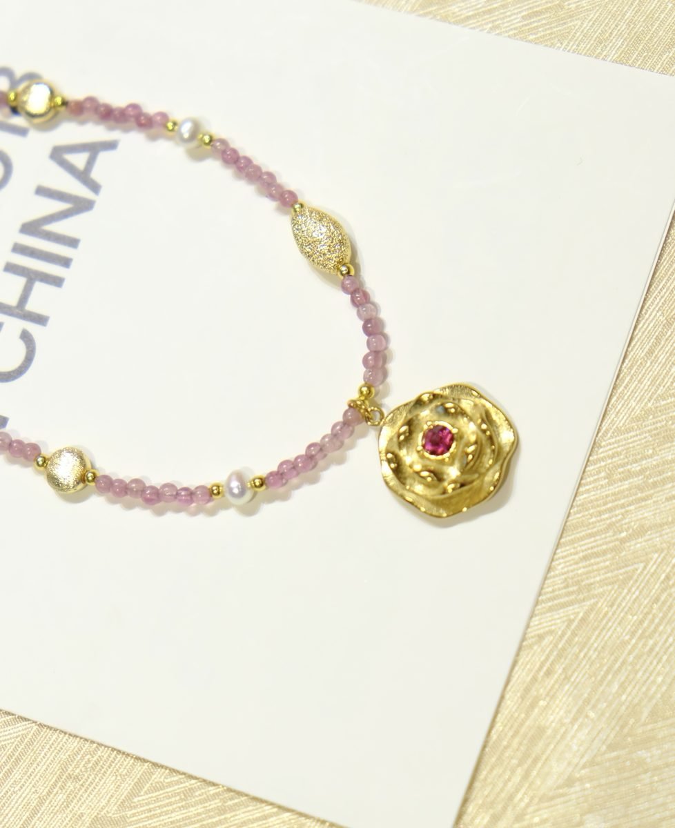 Rose Quartz Necklace with Tourmaline & Freshwater Pearl - Image 5