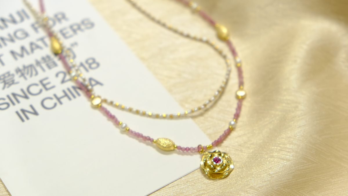 Rose Quartz Necklace with Tourmaline & Freshwater Pearl - Image 7