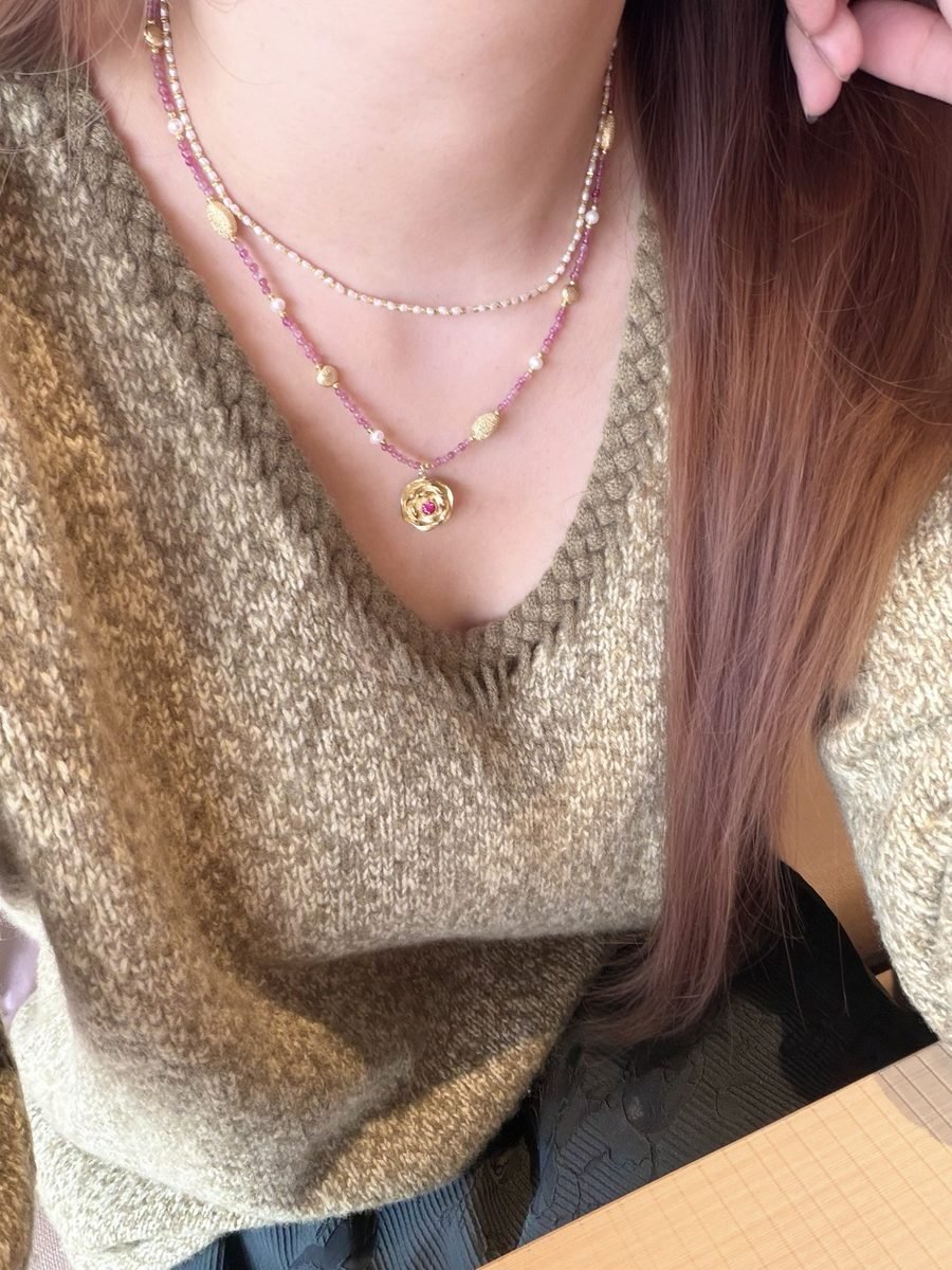 Rose Quartz Necklace with Tourmaline & Freshwater Pearl - Image 8