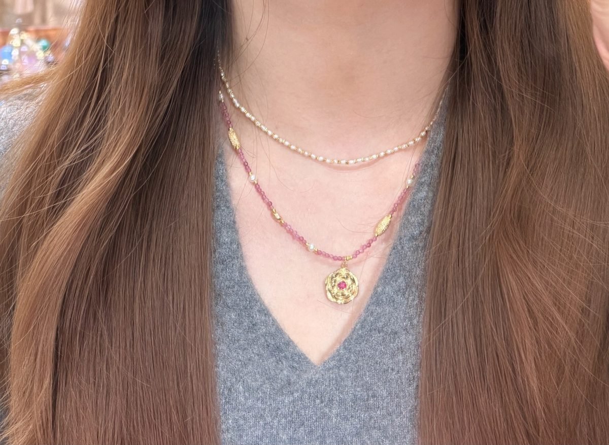 Rose Quartz Necklace with Tourmaline & Freshwater Pearl - Image 9