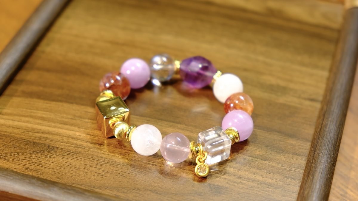 13.8mm Amethyst Bracelet with Rose Quartz & Kunzite