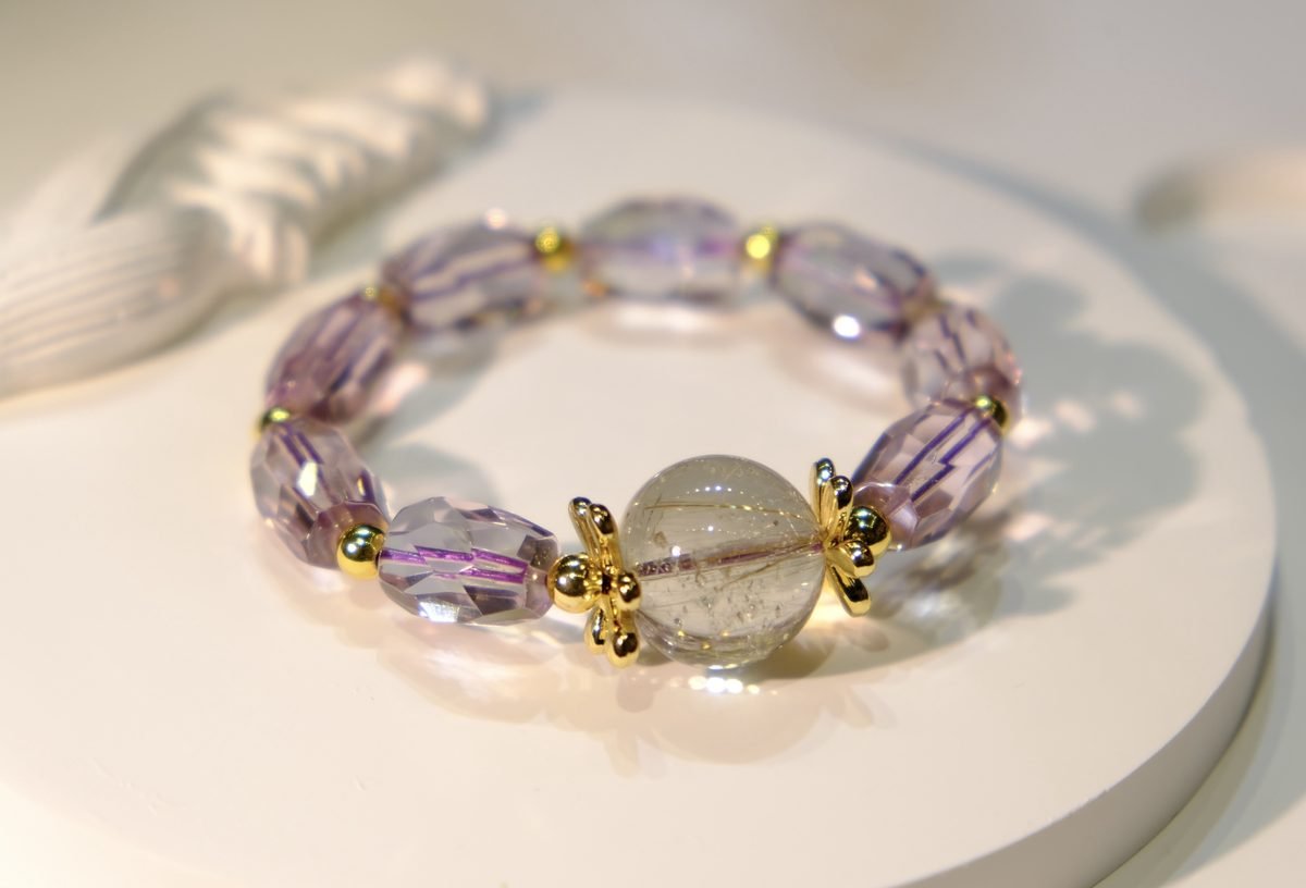 17.5mm Amethyst Faceted Bracelet with Rutilated Quartz